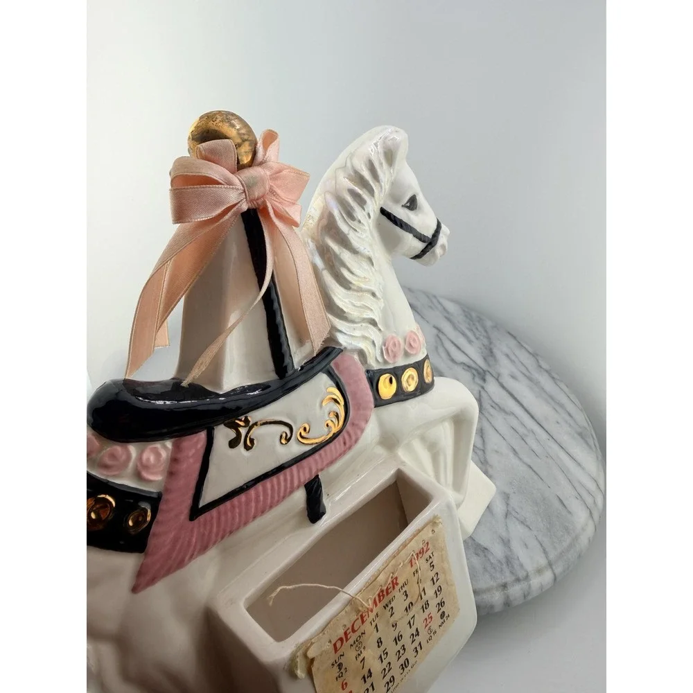 Vintage Ceramic Carousel Horse Calendar Iridescent Pink Gold Organizer Coquette
